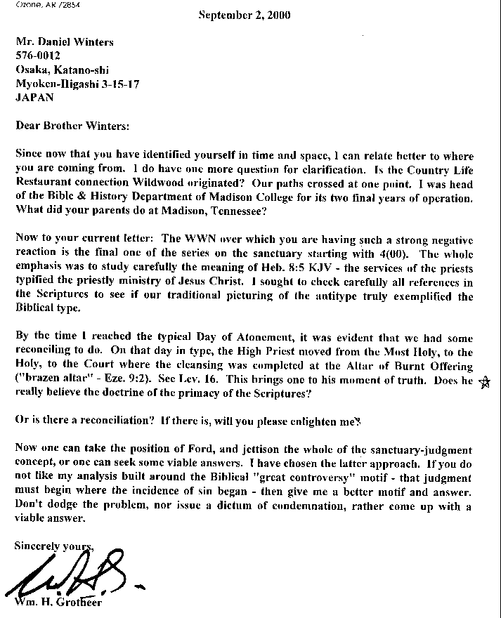 William Grotheer letter to Daniel Winters on September 2