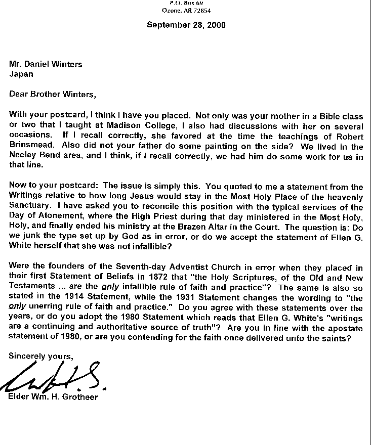 William Grotheer letter to Daniel Winters on September 28